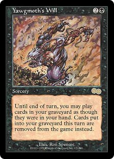 Yawgmoth's Will
 Until end of turn, you may play lands and cast spells from your graveyard.
If a card would be put into your graveyard from anywhere this turn, exile that card instead.
